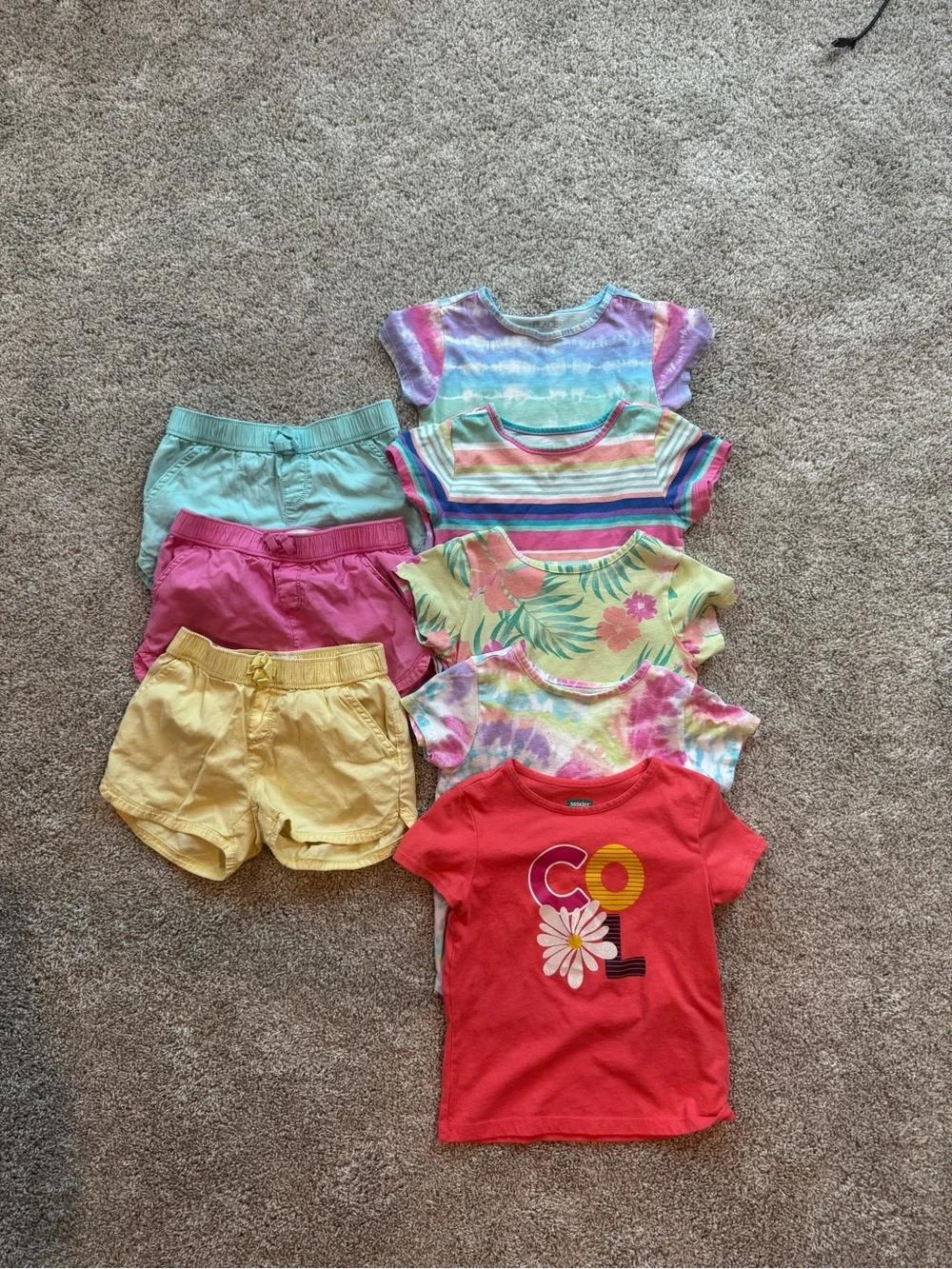 Girls Size 6 Summer Outfit Lot 8 Pieces Graphic Tees & Shorts Tie Dye Stripes